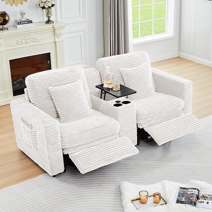 ORRD Power Reclining Sectional Sofa, Electric 3 Seat Recliner with 1 Electric Footrest and Adjustable Headrest, Modern Plush Corduroy Fluffy Reclining Sectional with Deep Seat for Living Room-White