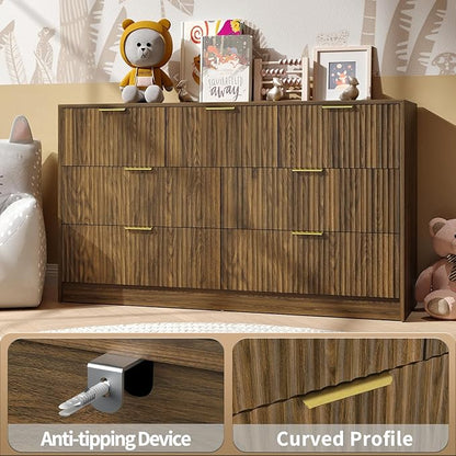 Walnut Fluted 7 Drawer Dresser Bedroom,55” Wide Mid Century Wood Dresser with Gold Handles, Chest of Drawer Wooden TV Stand for Closet,Bedroom,Living Room,Walnut