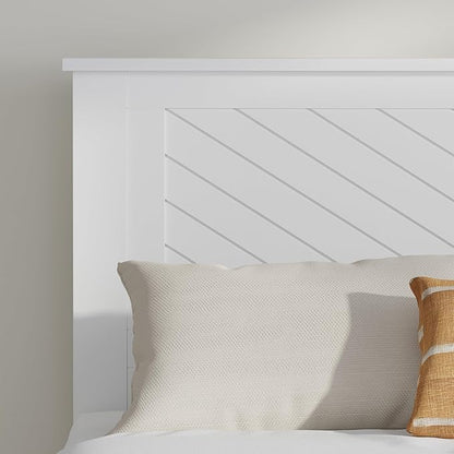 Serene Farmhouse Style Wood Bed in Full Size with Chevron Scoring Headboard, Coastal Modern Design, Sturdy, Easy Assembly, Ample Underbed Storage, White Finish