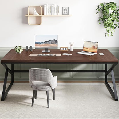 HSH 70 Inch Long Walnut Desk, 2 Person Large Work Desk for Home Office, Rustic Wood and Metal Executive Writing Study Gaming Computer Table, Modern Bedroom Living Room PC Laptop Dual Monitor Table