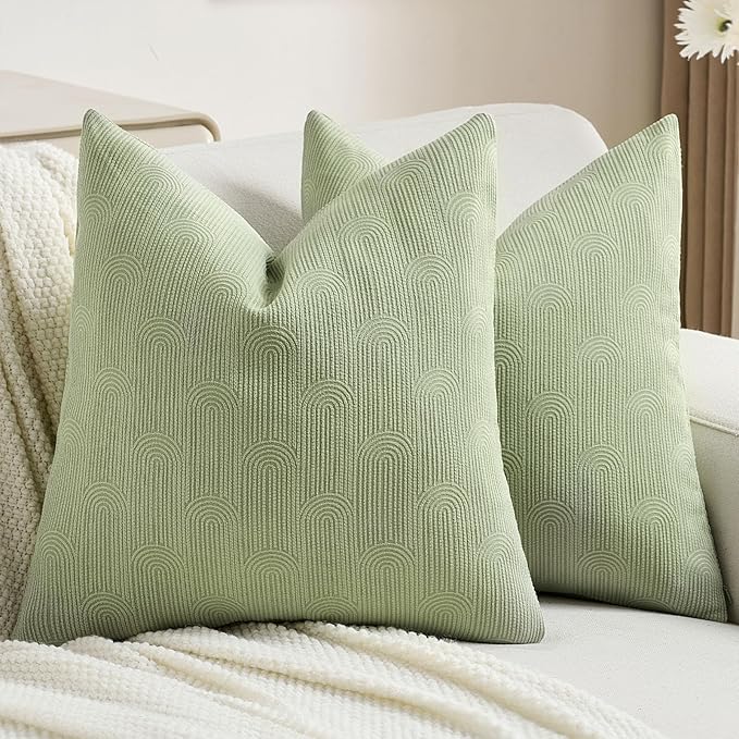 FUTEI Sage Green Chenille Decorative Throw Pillow Covers 16x16 Inch Set of 2,Soft Cozy Striped Geometric Patterns Cushion Case,Modern Home Decor for Couch Bed Living Room