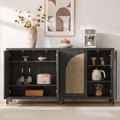 SICOTAS Rattan Sideboard Buffet Cabinet with Storage, Modern Credenza Storage Cabinet with Arch Doors & Adjustable Shelves, Coffee Bar Media Console Cabinets for Kitchen, Living Room, Black Oak
