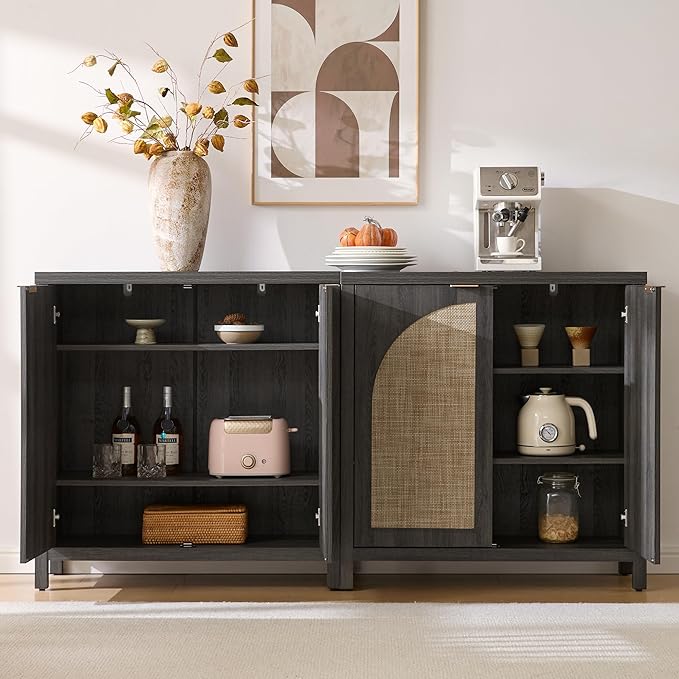 SICOTAS 68" W Rattan Sideboard Buffet Cabinet with Storage Set of 2, Modern Credenza with Arch Doors & Shelves, Boho Coffee Bar Media Console Cabinets for Kitchen, Living Room, Entryway, Black Oak