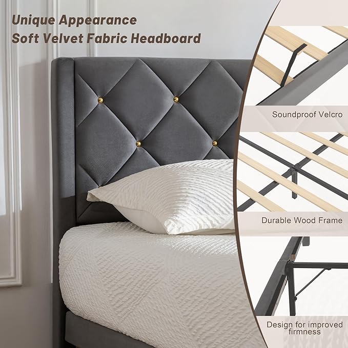 Queen Size Platform Bed Frame with Velvet Upholstered Headboard and Sturdy Wooden Slats Support,Mattress Foundation，Easy Assembly, No Box Spring Needed,Slip Resistant (Grey, Queen)