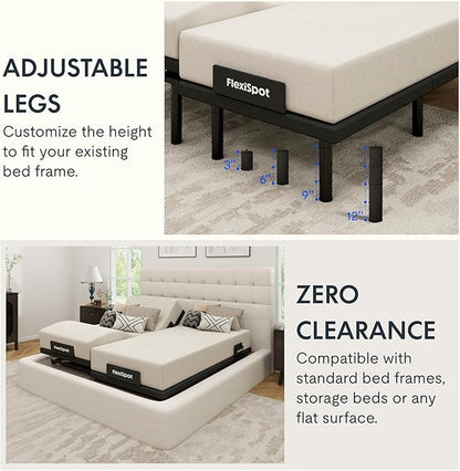 FLEXISPOT Adjustable Bed Frame Base Split King + 12" Cooling Gel Memory Foam Mattress, Massage, Head and Foot Incline, Zero Gravity, Zero Clearance, Under-Bed Lights, Anti-Snore, Wireless Remote