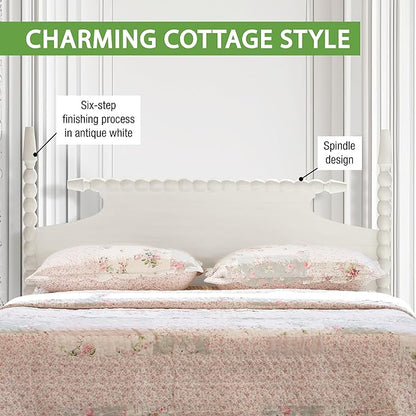 OSP Home Furnishings Spindle Design Cottage Style Headboard, 63.5 x 58.75 inches, Sandcastle Antique White Finish, Queen Size