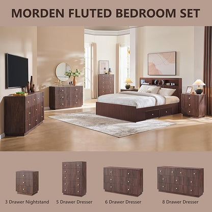 Fluted Dresser for Bedroom, 55" W 8 Drawer Dressers, Wood Tall Dresser Storage Organizer, Modern Bedroom Chest of Drawer with Deep Storage for Closet Hallway, Entryway, Living Room, Brown