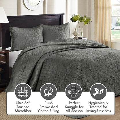 Madison Park Quebec Reversible Damask Design, Double Sided Quilting All Season, Lightweight Coverlet Bedspread Bedding Set, Matching-Shams, Queen(102"x118"), Dark Grey