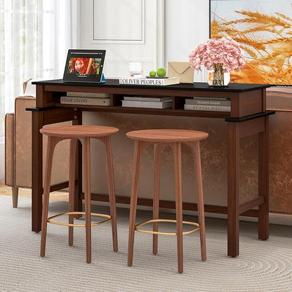 COSTWAY Bar Table with Charging Station, 36” Counter Height Table w/ 3 Storage Compartments, Power Outlets, Modern Farmhouse Console Table for Kitchen, Living Room, Entryway (Black + Walnut)
