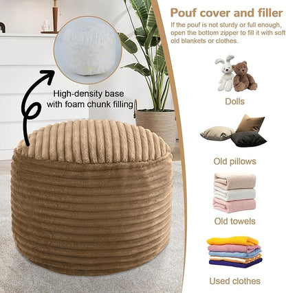 MeMoreCool Stuffed Round Pouf Ottoman Foot Rest, Soft Plush Floor Pouf Foot Stool, Corduray Footstool Footrest, Small Round Ottoman for Living Room Couch Sofa Chair, 20x15 Inch Coffee