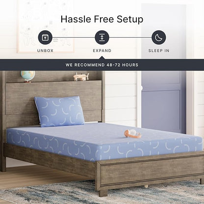 Signature Design by Ashley Full Size iKidz 7 Inch Firm Gel Memory Foam Mattress with Stretch Knit Cover & Pillow Included, Blue Ocean, Fiberglass Free, Mattress in A Box