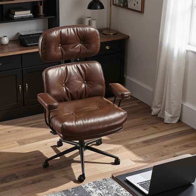 Ergonomic Office Chair Comfy with Lumbar Support, High Back PU Leather Rolling Executive Desk Chair for Home Office & Gaming, 360° Swivel, 300lbs (Dark Brown)