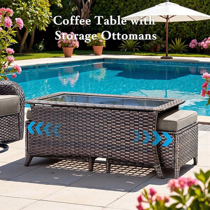 Belord Luxury 6" Thick Cushioned 10 Pieces Patio Furniture Set with Outdoor Couch, Wicker Outdoor Conversation Set with High Back Swivel Rocker Chairs for Deck Porch Yard and Poolside - Brown+Grey