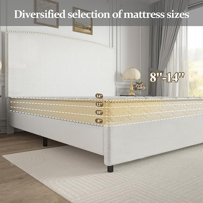 King Size Bed Frame and Headboard, 56" Upholstered Platform Bed with Nailhead Trim, Soft Boucle Fabric, No Box Spring Needed, Easy Assembly, White