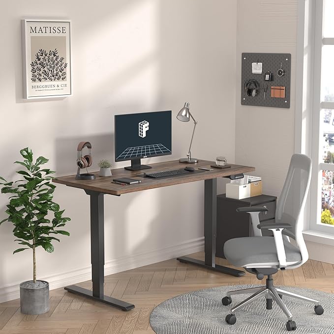 FLEXISPOT E6 3 Stages Dual Motor Electric Standing Desk 55x28 Inch Whole-Piece Board Height Adjustable Electric Sit Stand Desk(Black Frame + Brown Wood Grain Desktop, 2 Packages)