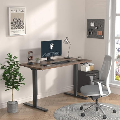 FLEXISPOT E6 3 Stages Dual Motor Electric Standing Desk 55x28 Inch Whole-Piece Board Height Adjustable Electric Sit Stand Desk(Black Frame + Brown Wood Grain Desktop, 2 Packages)