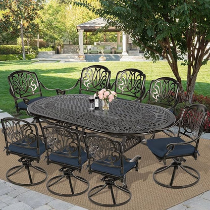 MEETWARM 9-Piece Outdoor Patio Dining Set, All-Weather Cast Aluminum Patio Conversation Set for Backyard Garden Deck with 1 Oval Table, 8 Cushioned Swivel Rocker Chairs, 2" Umbrella Hole, Navy Blue