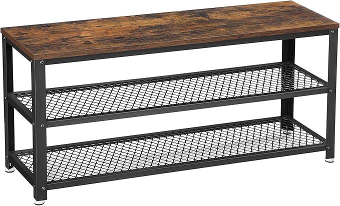 VASAGLE 3-Tier Shoe Rack, Shelf Storage Bench with Metal Mesh Shelves and Seat, Free Standing Shoe Organizer for Entryway, 11.8 x 39.4 x 17.7 Inches, Rustic Brown and Black ULBS078B01