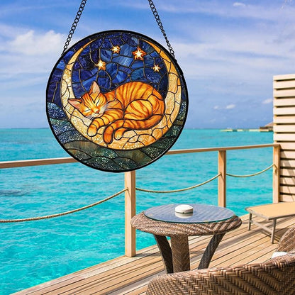 Stained Glass Window Hanging - Orange Moon Sleeping Cat Sun Catcher for Door Home Decor Blue Starry Sky Suncatcher Christmas Mother's Day Birthday Gifts for Women Men Mom Nana 7.8 in