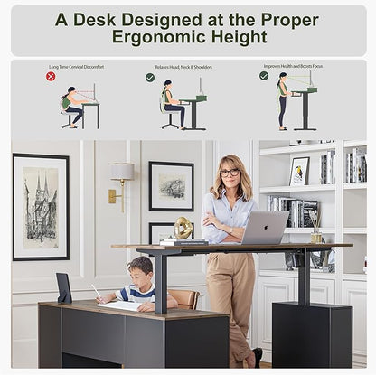 BANTI Executive L Shaped Standing Desk with 3-Drawer File Cabinet, 63" Electric Height Adjustable Stand up Desk for Home Office, Computer Desk with Storage Cabinets, Black Walnut Top