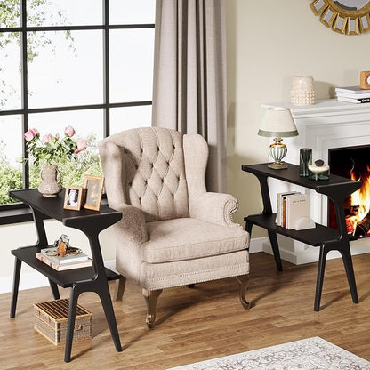 Tribesigns Set of 2 Solid Wood Side Table, 2-Tier Modern Slim Couch Side Table with Storage Shelf, Sofa End Table with Deer-Shaped Legs for Living Room, Skinny Bedside Nightstand for Bedroom, Black