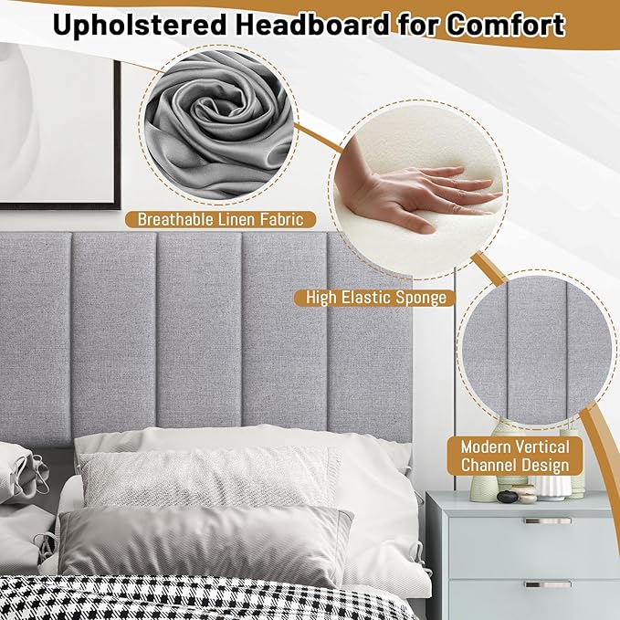 KOMFOTT Linen Upholstered Headboard for Full & Queen Size Bed, Vertical Channel Tufted Rectangular Headboard with Solid Wood Legs & Adjustable Width, Padded Bed Backboard, Easy Assembly (Gray)