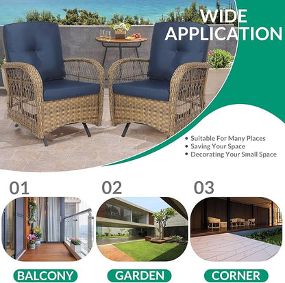VIVIJASON 2-Piece Outdoor Wicker Glider Rocking Chair, Patio Rattan Swing Glider Chairs with Cushions & Steel Frame, All-Weather Gliding Lawn Wicker Furniture for Garden Backyard Porch, Navy Blue