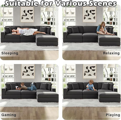 Modular Sectional Couches for Living Room, 118" Modern Upholstered Sofa Couche with Ottoman for Living Room Bedroom, Grey