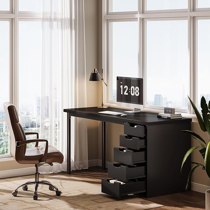 Tribesigns Modern Simple Computer Desk, 47 Inches PC Desk with 5 Reversible Drawers, Rustic Brown Study Writing Table Workstation for Home Office Small Spaces (Black)