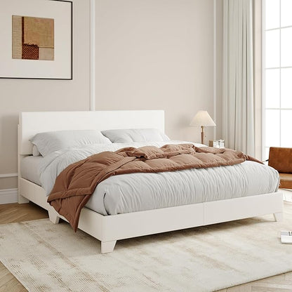 Allewie Queen Size Bed Frame with Adjustable Headboard, Faux Leather Platform Bed with Wood Slats, Heavy Duty Mattress Foundation, No Box Spring Needed, Noise-Free, Easy Assembly, White