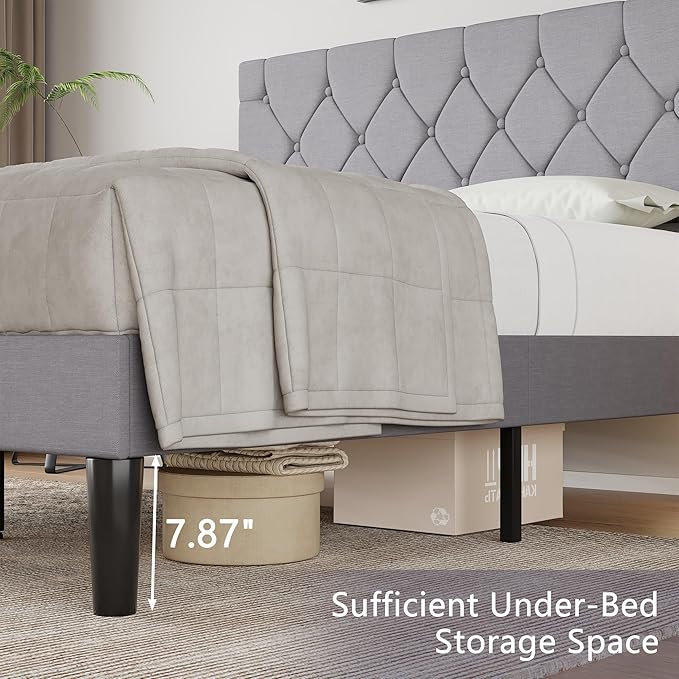 VECELO Full Bed Frame with Headboard, Upholstered Platform Bedframe with Wooden Slat Support, Button Tufted Design, No Box Spring Needed, Linen Grey