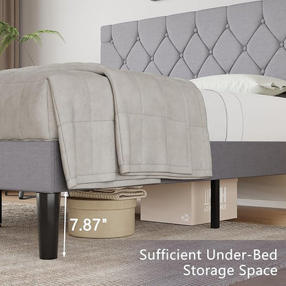 VECELO Full Bed Frame with Headboard, Upholstered Platform Bedframe with Wooden Slat Support, Button Tufted Design, No Box Spring Needed, Linen Grey