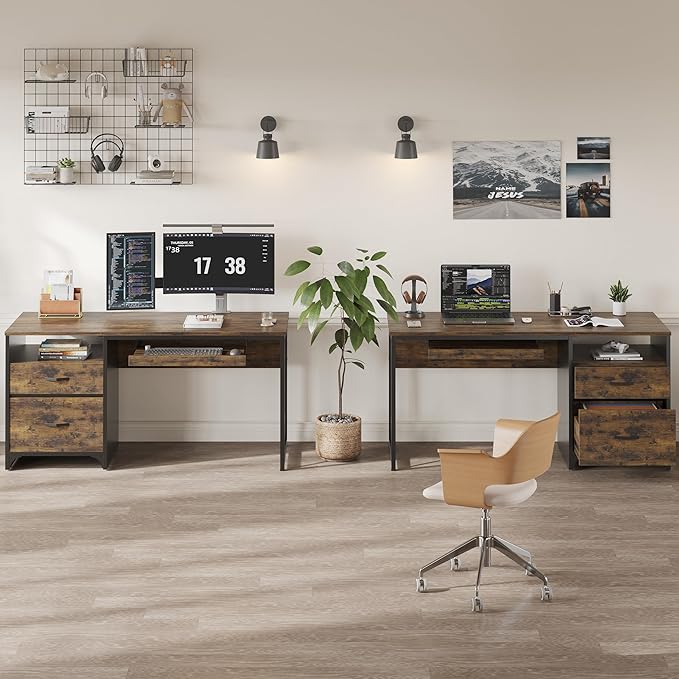 Bestier Office Desk with Drawers, 55 inch Industrial Computer Desk with Storage, Wood Teacher Desk with Keyboard Tray & File Drawer for Home Office, Rustic Brown