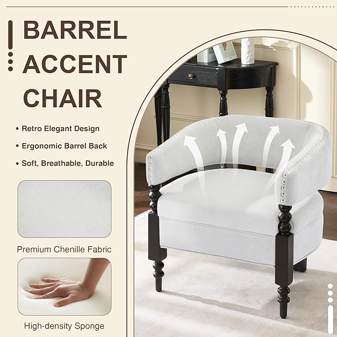 LOULENS Barrel Accent Chairs Set of 2, Vintage Linen Upholstered Lounge Chair with Solid Wood Legs, Comfy Leisure Side Armchair for Living Room, Bedroom, Reading Nook, Corner, Light Grey