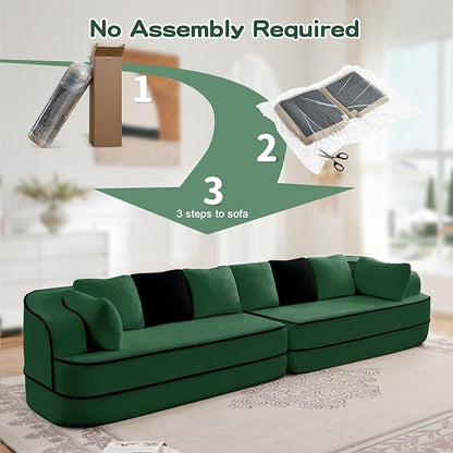 135" Modular Sectional Couch, 4-Seater with Throw Pillows Modern Teddy Fabric Foam Boneless Sofa for Living Room, Oversized with Deep Seat, No Assembly Required,Green