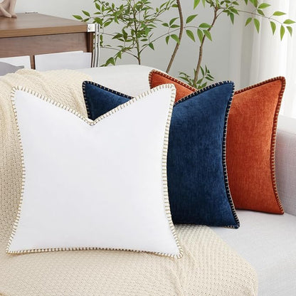 decorUhome Chenille Soft Throw Pillow Covers 20x20 Set of 2, Farmhouse Velvet Neutral Decorative Euro Pillow Covers with Stitched Edge for Couch Sofa Bed Home Decor, White