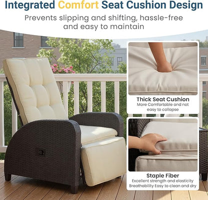 Outdoor Patio Recliner with Independently Adjustable Backrest and Footrest, All-Weather Wicker Patio Chair with Side Table, 160° Lay Flat Patio Reclining Lounge Chair for Backyard Garden, Beige