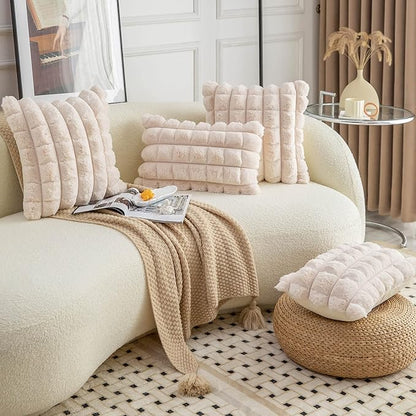 Neelvin Beige Faux Fur Cozy Soft Plaid Decorative Throw Pillow Covers 26x26 inch Set of 2,Velvet Pillowcase Cushion Case for Sofa Couch