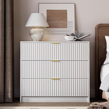 3-Piece Dresser Bedroom Set, 9 Drawer Dresser & 3 Drawer Nightstands with Gold Handles, Fluted Wood Chest of Drawers for Bedroom, Living Room, Entryway, White