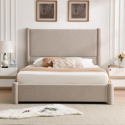 VELOCAVA Queen Size Upholstered Bed Frame with 51.77" Tall Headboard and Soft Rounded Corners, Side Storage Drawers, 12-Slat Support, No Box Spring Needed, Linen-Blend Fabric, Beige