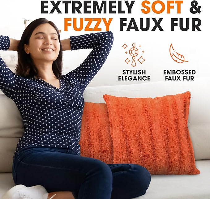 Cheer Collection Faux Fur Throw Pillows - Fall Decorative Throw Pillows for Couch, Bed Throw Pillows, Rust Accent Pillows for Bedroom or Living Room Aesthetic, Set of 2 Furry Throw Pillows, 18”x18”