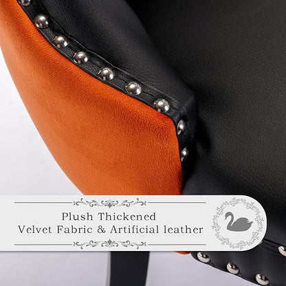PU Upholstered Dining Chairs Set of 2, Modern Style Kitchen Side Chairs with Nailhead Trim and Wood Leg, Metal Pulling Ring for Dining Room Living Room(Black&Orange,Set of 2)