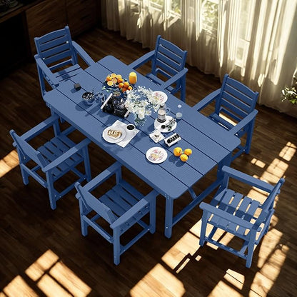 7 Piece Patio Dining Set with 11ft Patio Umbrella (Rose Pink), 7 Navy Outdoor HDPE Dining Set with 6 Chairs + 1 Large Table, for Market, Pool, Garden, Backyard, Deck