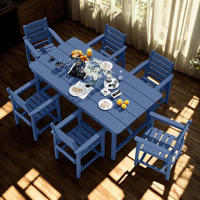 7 Piece Patio Dining Set with 11ft Patio Umbrella (Dark Green), 7 Navy Outdoor HDPE Dining Set with 6 Chairs + 1 Large Table, for Market, Pool, Garden, Backyard, Deck