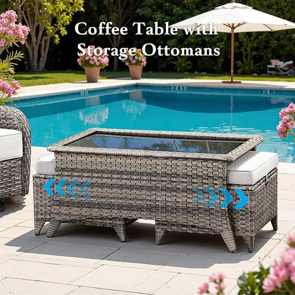 Belord Luxury 6" Thick Cushioned 10 Pieces Patio Furniture Set with Outdoor Couch, Wicker Outdoor Conversation Set with High Back Swivel Rocker Chairs for Deck Porch Yard and Poolside - Grey+Beige