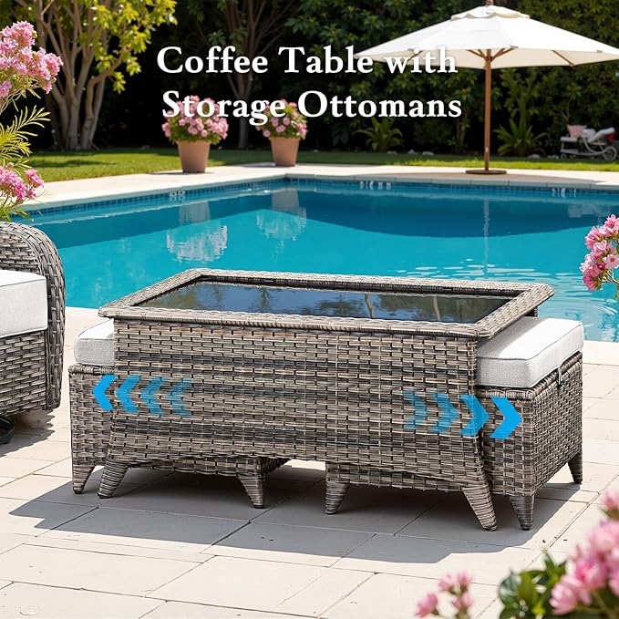 Belord Luxury 6" Thick Cushioned 7 Pieces Patio Furniture Set with Outdoor Couch, Wicker Outdoor Conversation Set with High Back Swivel Rocker Chairs for Deck Porch Yard and Poolside - Grey+Beige
