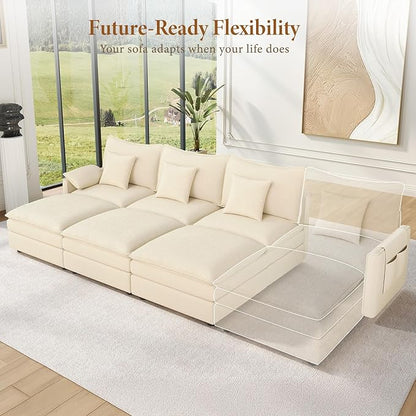Vesgantti 108" Sectional Sleeper Sofa, 6-Seater Oversized Modular Cloud Couch with Movable Ottoman, Chenille Large Sofa Bed Convertible Deep Seat Couches for Living Room, Bedroom and Apartment, Beige