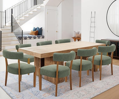 Modern Green Dining Chairs Set of 6, Walnut Upholstered Kitchen & Dining Room Chairs, Mid Century Modern Wooden Dining Chairs Oversized Sturdy Fabric Rounded Chairs Curved Back