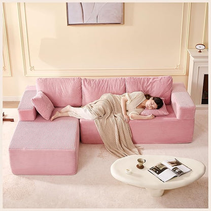 107" Boneless Couch with Deep Seat, Modular Sectional Sofa, Cloud Sectional Couch for Living Room, No Assembly Required, Corduroy, L-Shape Left，Pink