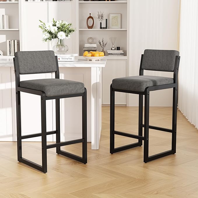 Bar Stools Set of 4, Fabric Counter Height Bar Stools with High Back and Metal Legs, Upholstered Bar Chairs, 26" Modern Barstools for Kitchen Island, Grey